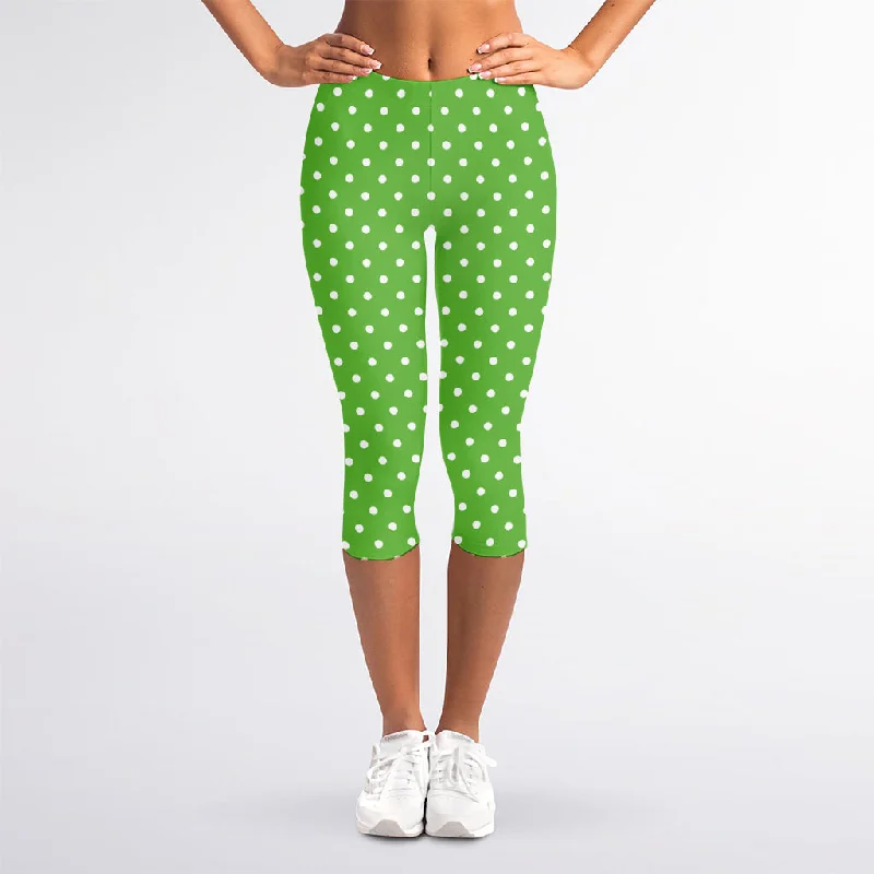 Price Slash Lime Green And White Polka Dot Print Women's Capri Leggings