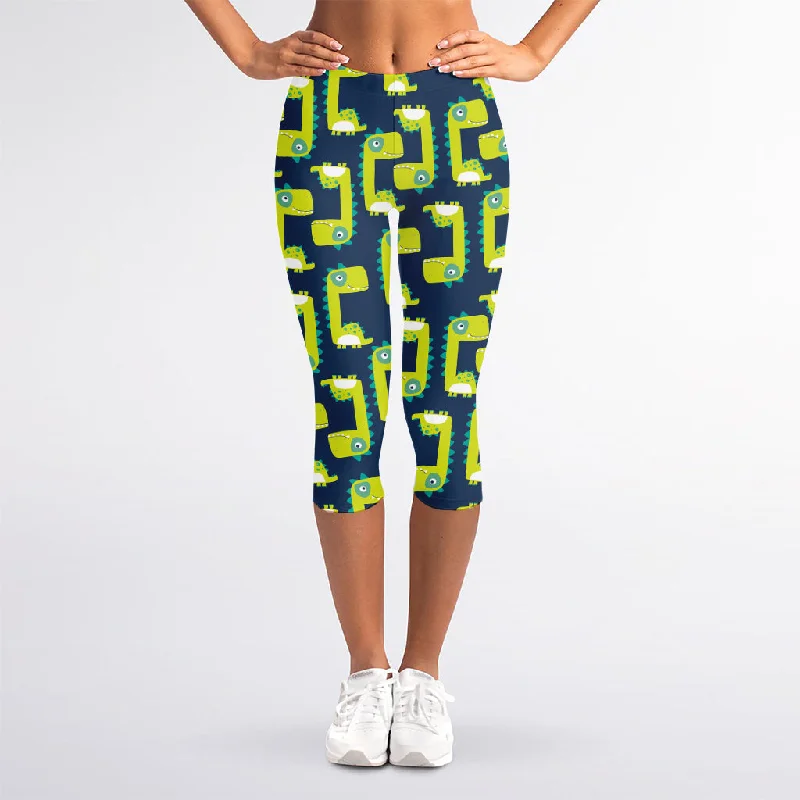 Today’s Deal Little Green Dinosaur Pattern Print Women's Capri Leggings