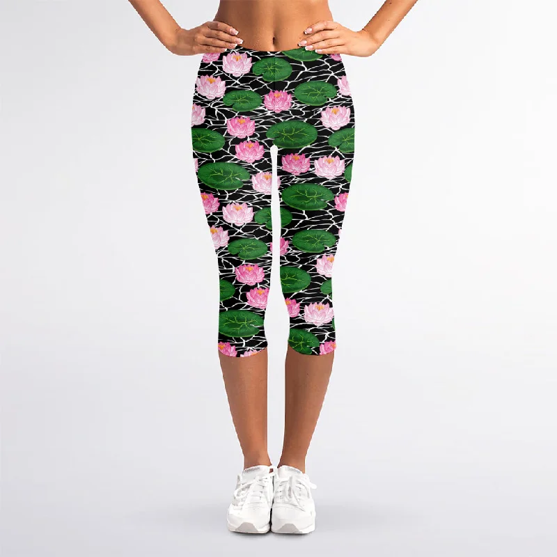 Epic Deals Lotus Flower And Leaf Pattern Print Women's Capri Leggings