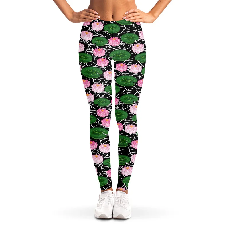 Can't Miss Lotus Flower And Leaf Pattern Print Women's Leggings