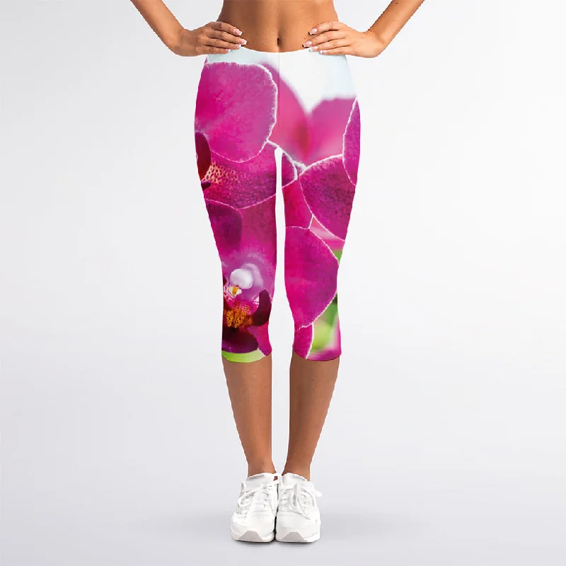 Act Now Magenta Orchid Flower Print Women's Capri Leggings