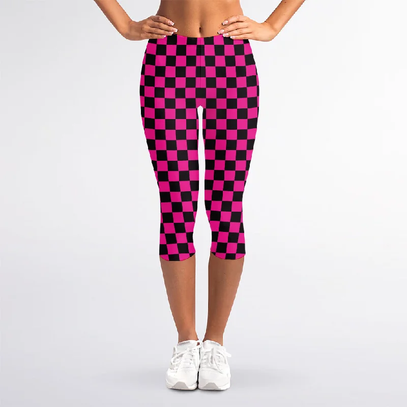 Sale Event Magenta Pink And Black Checkered Print Women's Capri Leggings