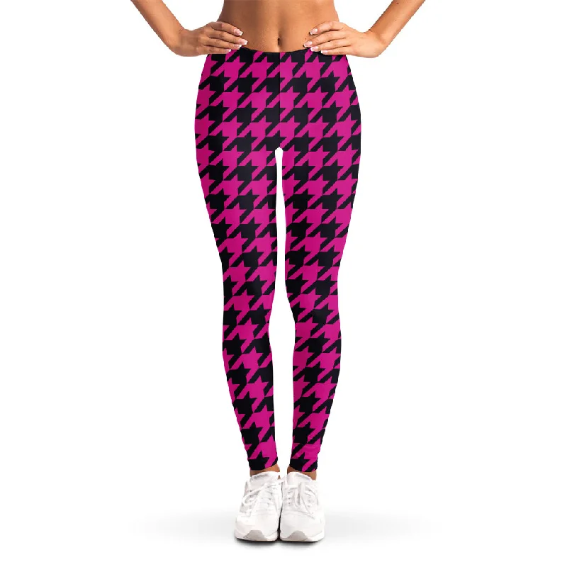 Sneak Peek Sale Magenta Pink And Black Houndstooth Print Women's Leggings