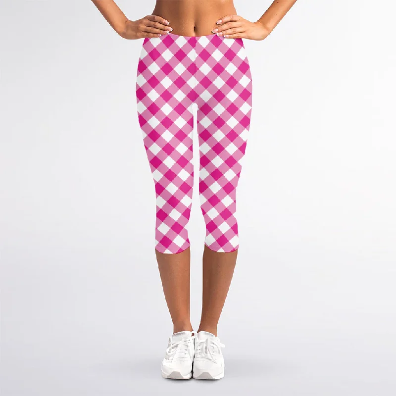 Unmissable Offer Magenta Pink And White Gingham Print Women's Capri Leggings