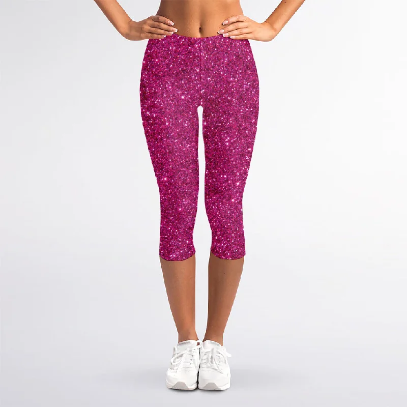 Major Savings Magenta Pink (NOT Real) Glitter Print Women's Capri Leggings