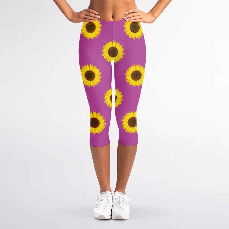 Super Sale Magenta Pink Sunflower Pattern Print Women's Capri Leggings