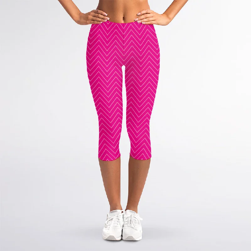TIME-Limited Offer Magenta Pink Zigzag Pattern Print Women's Capri Leggings