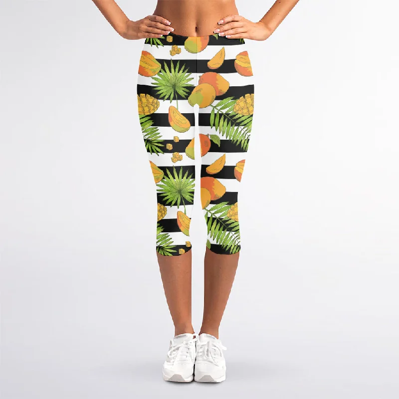 Huge Discounts Mango Fruit Striped Pattern Print Women's Capri Leggings