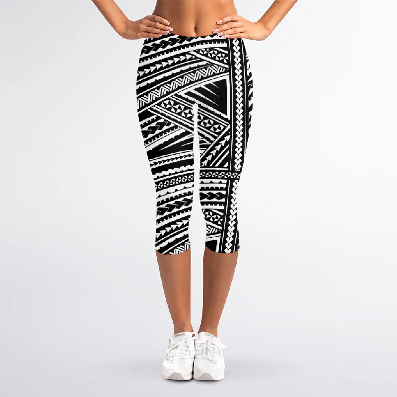 Deal Zone Maori Polynesian Tribal Tattoo Print Women's Capri Leggings