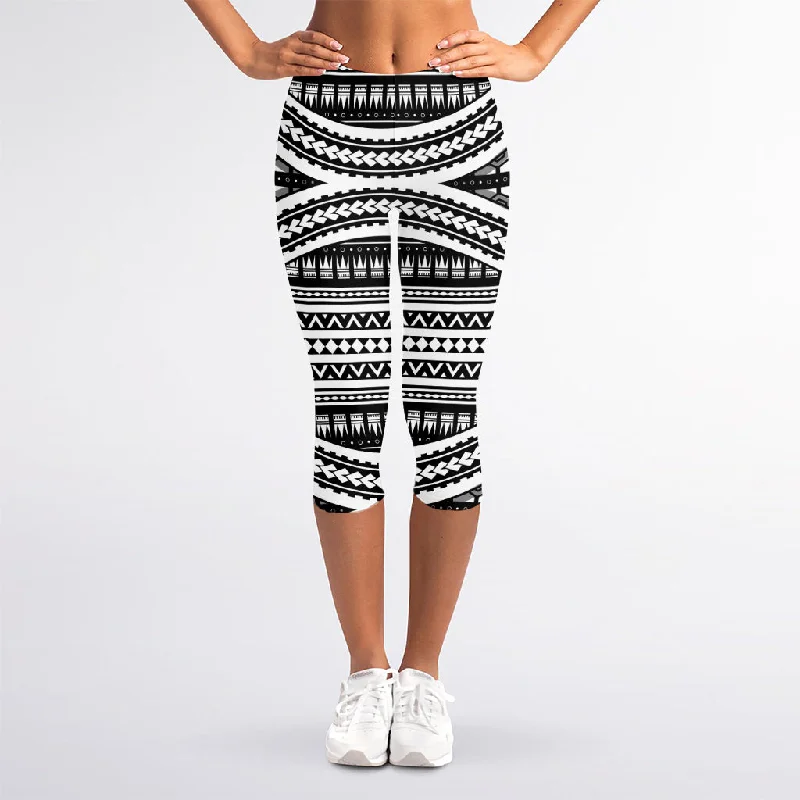 Overstock Sale Maori Tattoo Polynesian Tribal Print Women's Capri Leggings
