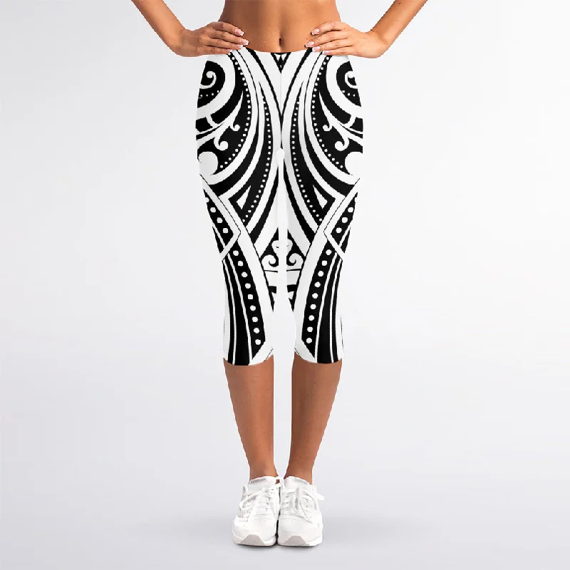 Seasonal Clearance Maori Tribal Tattoo Pattern Print Women's Capri Leggings