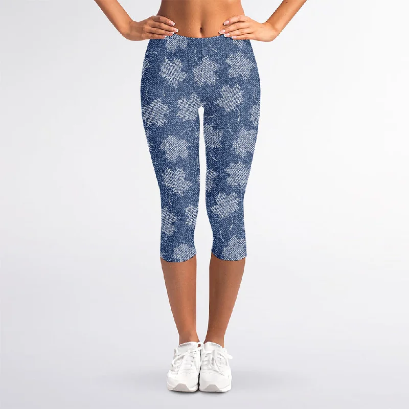 Customer Appreciation Sale Maple Leaf Denim Jeans Pattern Print Women's Capri Leggings
