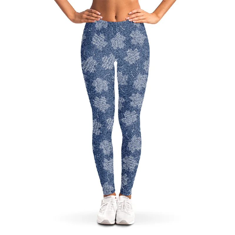 Don't Wait Maple Leaf Denim Jeans Pattern Print Women's Leggings