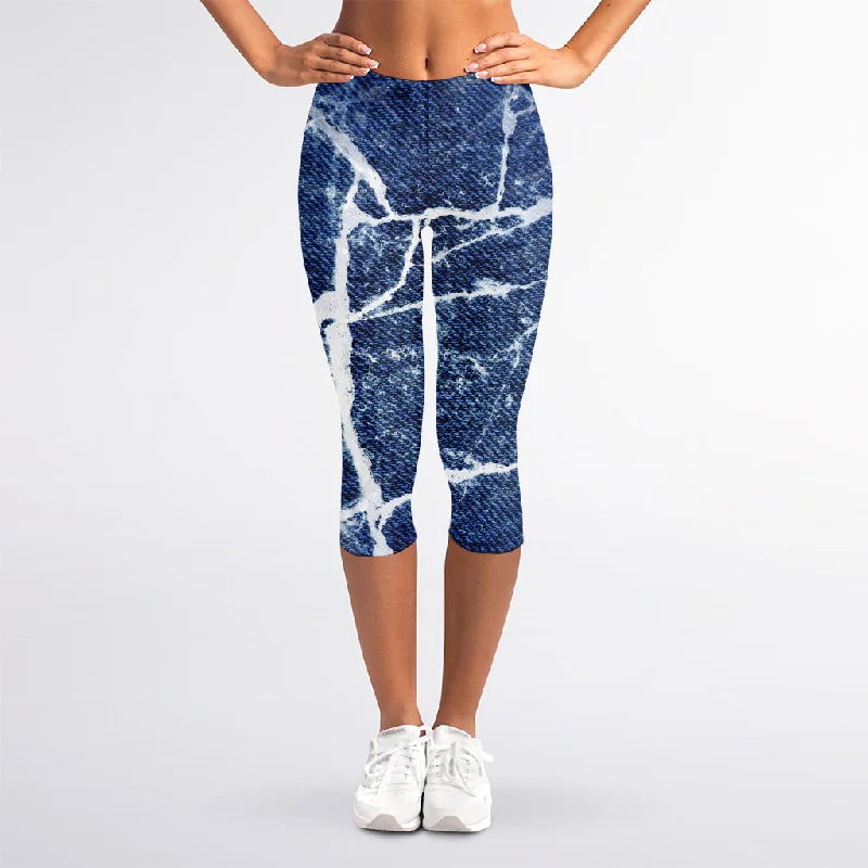 Instant Savings Marble Denim Jeans Pattern Print Women's Capri Leggings