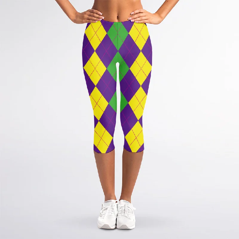 Clearance Event Mardi Gras Argyle Pattern Print Women's Capri Leggings