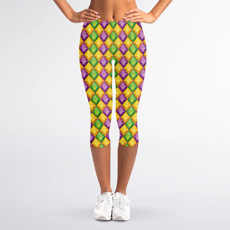 Special Promotion Mardi Gras Diamond Pattern Print Women's Capri Leggings