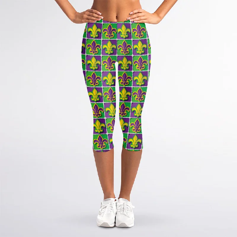 Mega Sale Mardi Gras Fleur De Lis Pattern Print Women's Capri Leggings