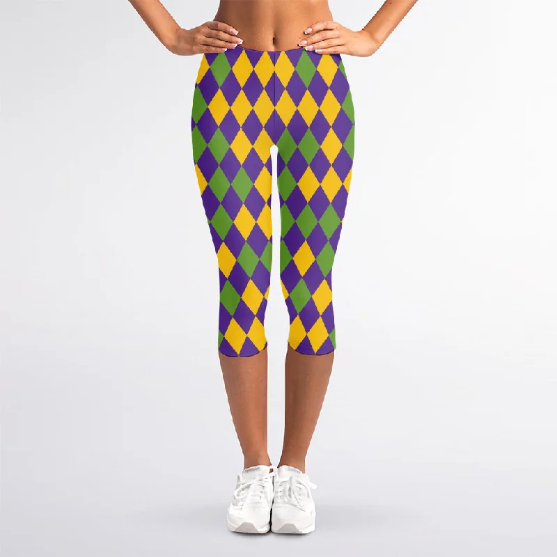 Hot Deal Mardi Gras Harlequin Pattern Print Women's Capri Leggings