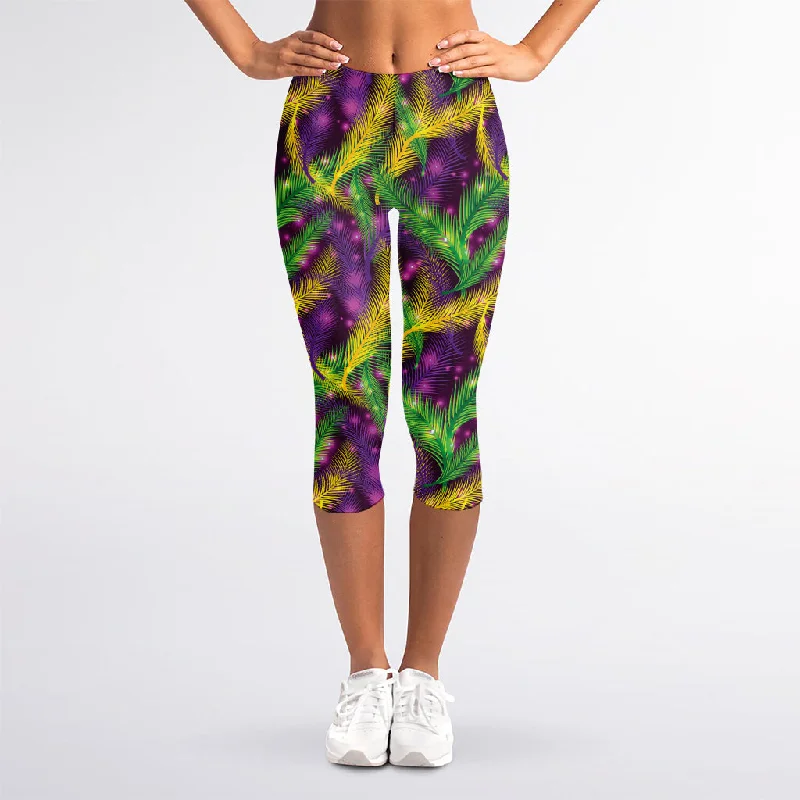Flash Sale Mardi Gras Palm Leaf Pattern Print Women's Capri Leggings