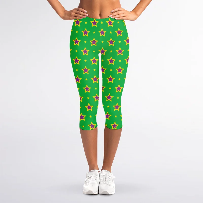 Time-Limited Offer Mardi Gras Star Pattern Print Women's Capri Leggings