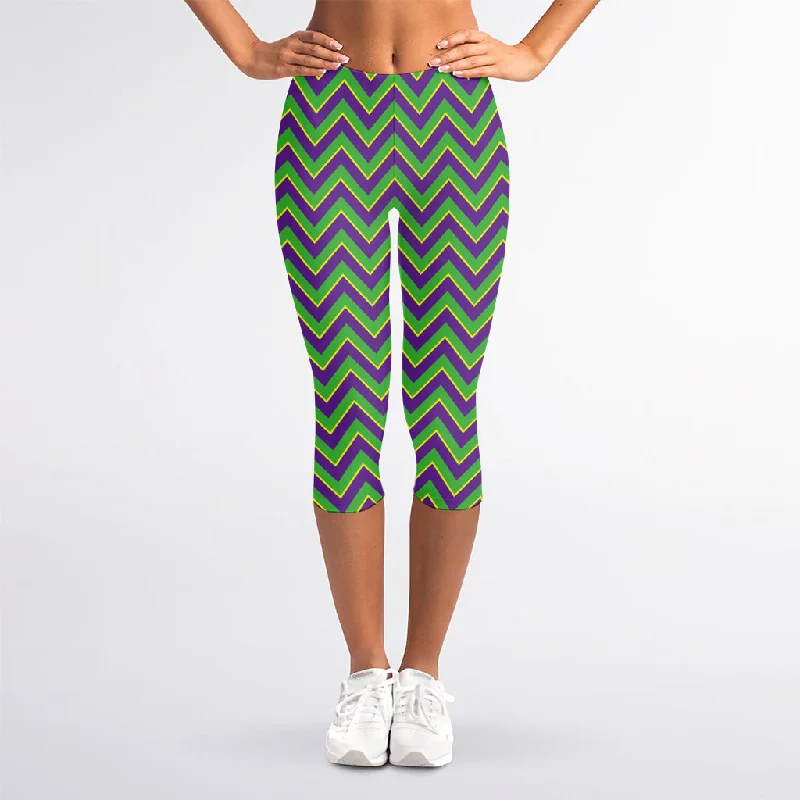 New Markdowns Mardi Gras Zigzag Pattern Print Women's Capri Leggings