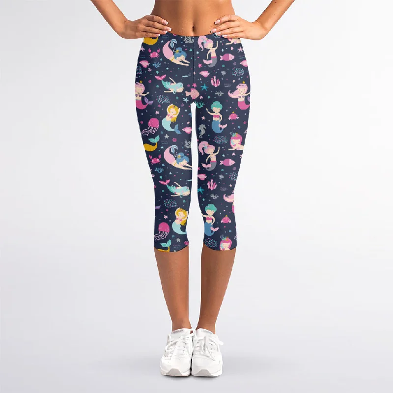 Early Access Mermaid Cartoon Pattern Print Women's Capri Leggings