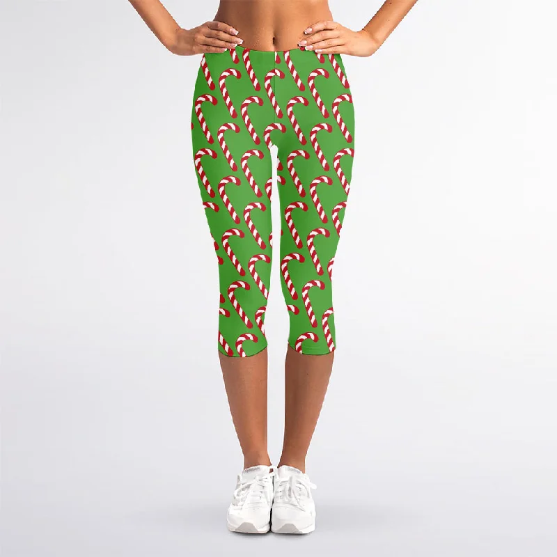 One-DAY Sale Merry Christmas Candy Cane Pattern Print Women's Capri Leggings