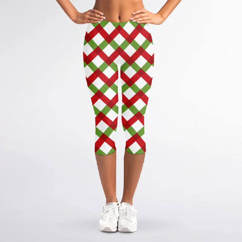 Lowest Prices Merry Christmas Checkered Pattern Print Women's Capri Leggings