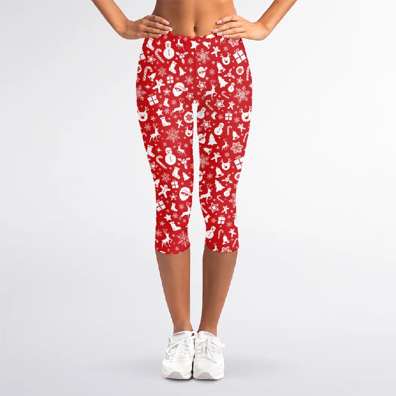 Final Sale Merry Christmas Elements Pattern Print Women's Capri Leggings