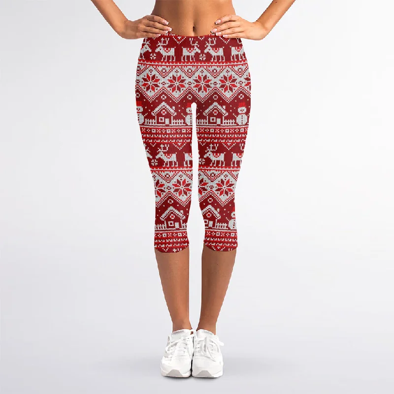 Huge Savings Merry Christmas Knitted Pattern Print Women's Capri Leggings