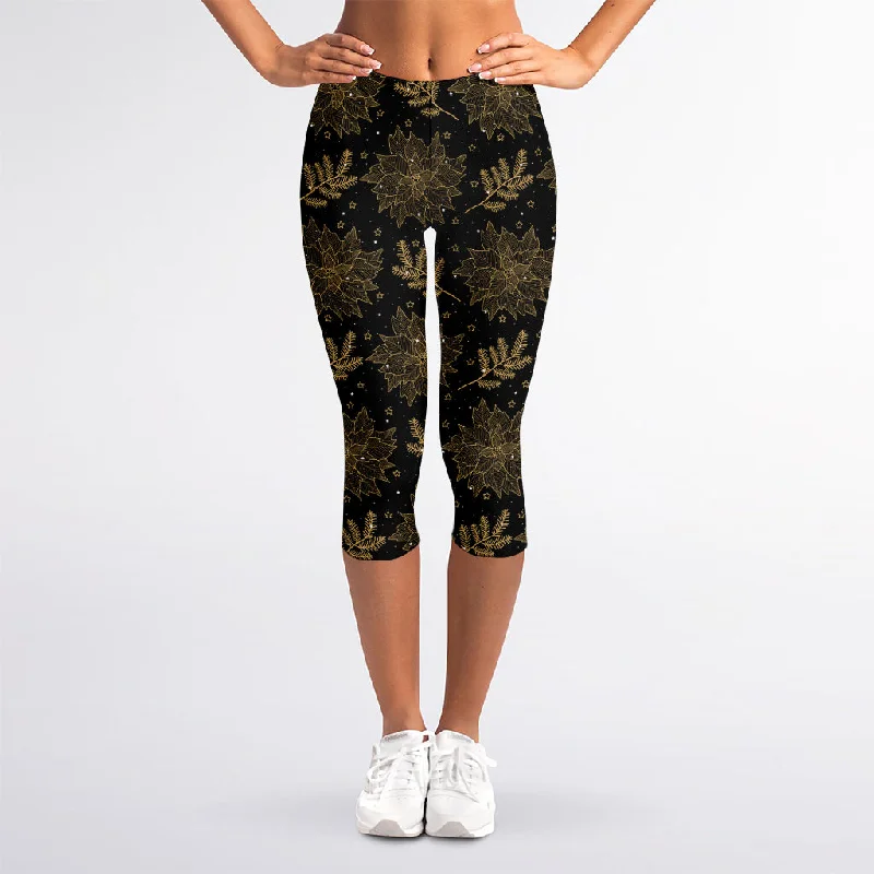 Deal of the Week Merry Christmas Poinsettia Pattern Print Women's Capri Leggings
