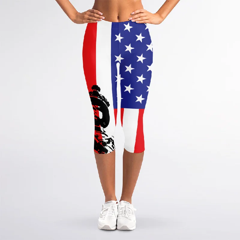New Deals Military American Flag Print Women's Capri Leggings