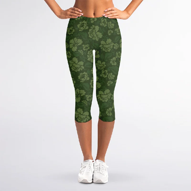Fantastic Offers Military Green Camo Flower Pattern Print Women's Capri Leggings