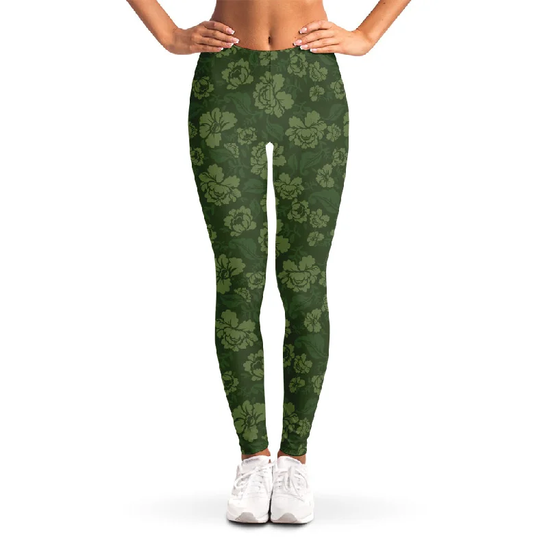 Limited Edition Military Green Camo Flower Pattern Print Women's Leggings