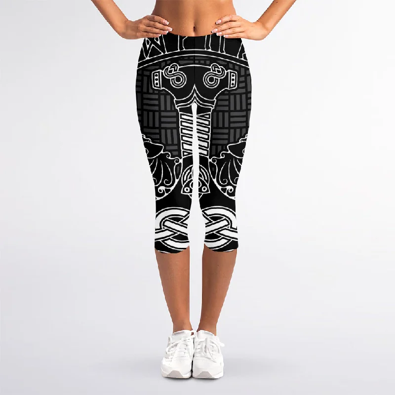 Savings Alert Mjolnir And Scandinavian Runes Print Women's Capri Leggings