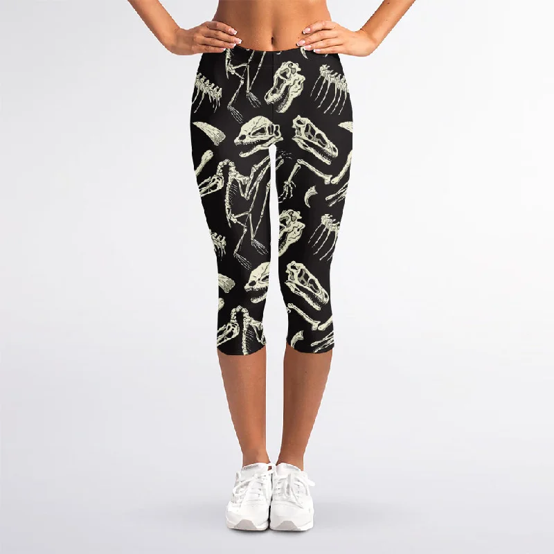 Deal Frenzy Monochrome Dinosaur Fossil Pattern Print Women's Capri Leggings