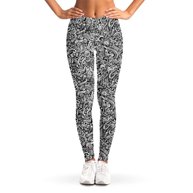 Massive Deals Monochrome Graffiti Hippie Pattern Print Women's Leggings