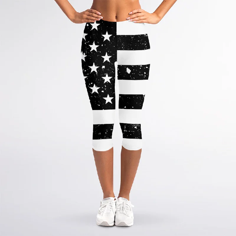 Blowout Sale Monochrome Grunge American Flag Print Women's Capri Leggings