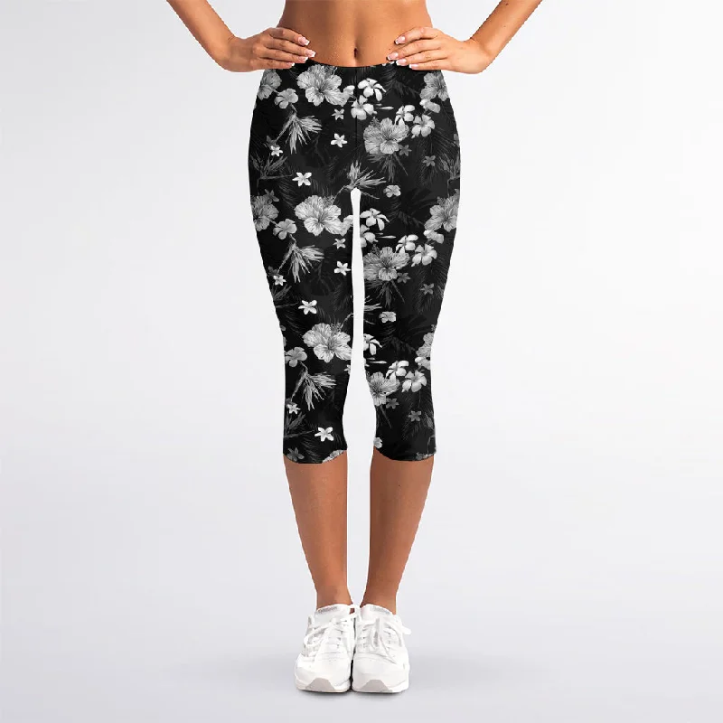 Sneak Peek Sale Monochrome Hawaiian Floral Print Women's Capri Leggings