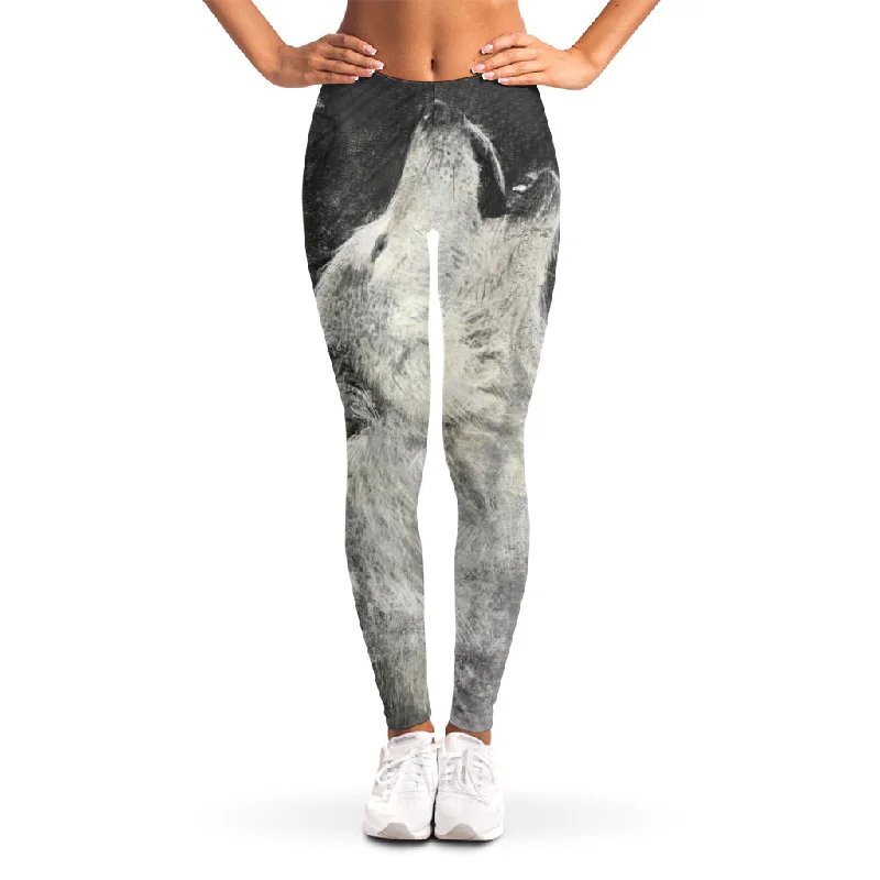 Lowest Price Monochrome Howling Wolf Print Women's Leggings