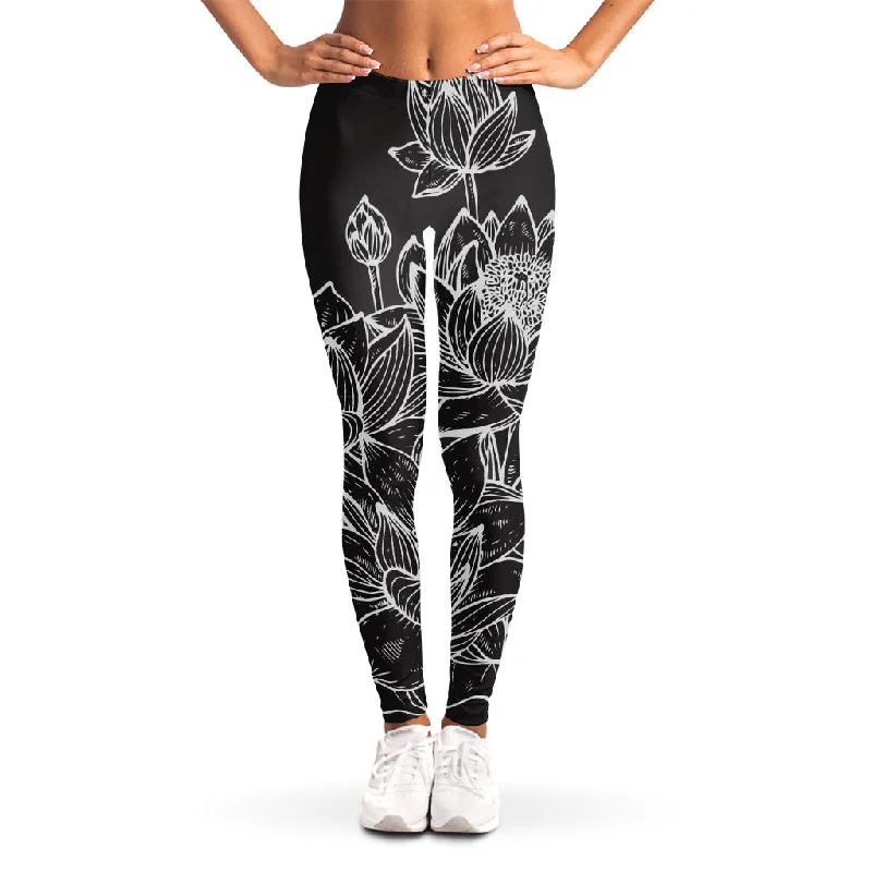 Huge Discounts Monochrome Lotus Print Women's Leggings