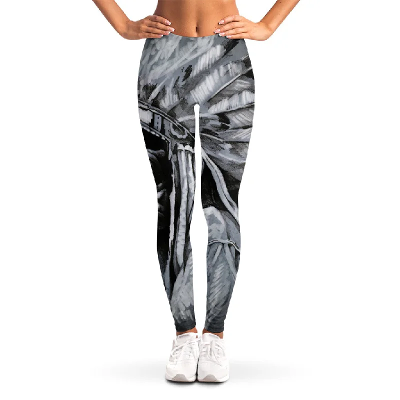 Bonus Savings Monochrome Native Indian Portrait Print Women's Leggings