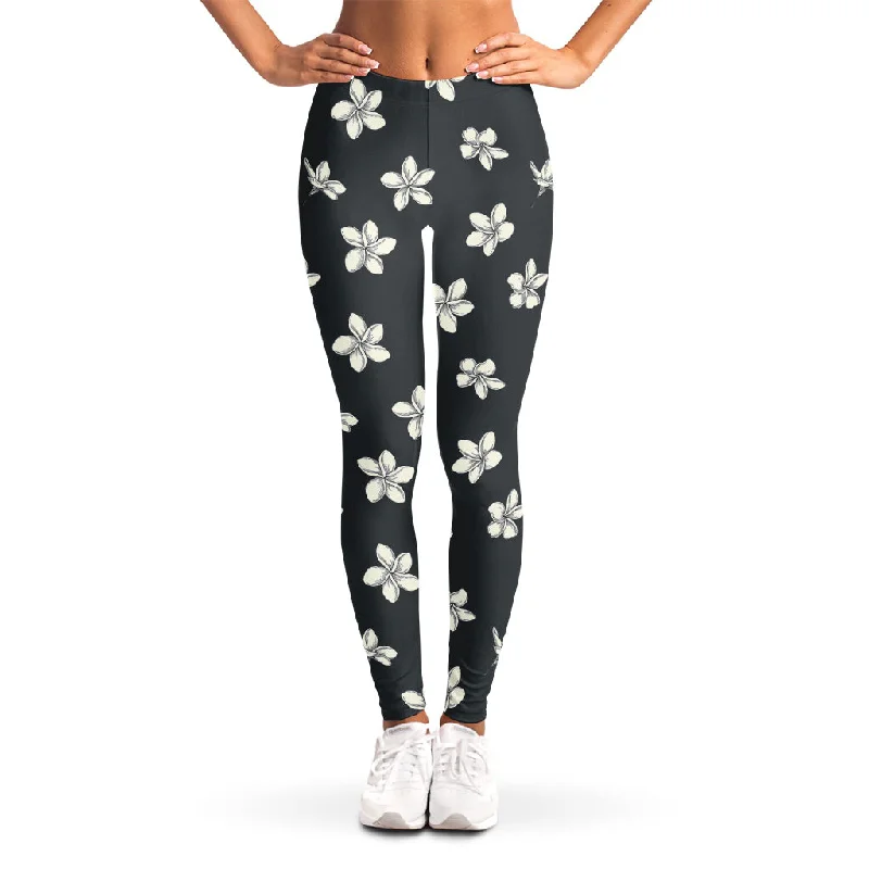 Extra Savings Monochrome Plumeria Pattern Print Women's Leggings