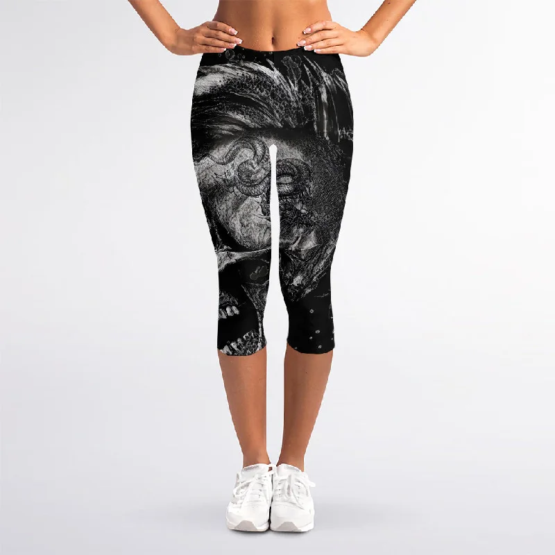 Last Chance Monochrome Punk Skull Print Women's Capri Leggings