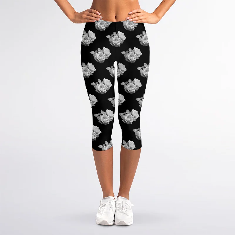 Get It Before It’s Gone Monochrome Rose Pattern Print Women's Capri Leggings