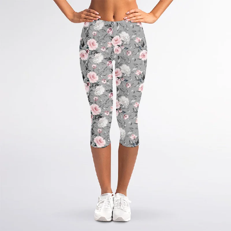 Clearance Event Monochrome Spring Floral Print Women's Capri Leggings