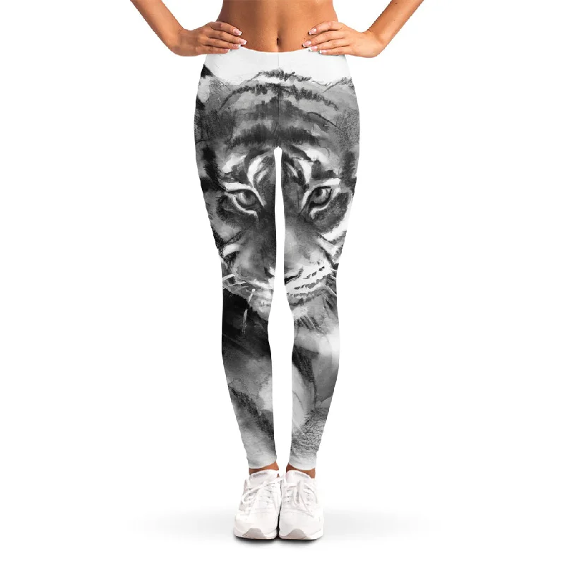 Limited Time Monochrome Watercolor White Tiger Print Women's Leggings