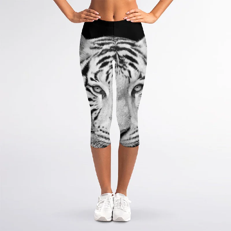 Mega Sale Monochrome White Bengal Tiger Print Women's Capri Leggings