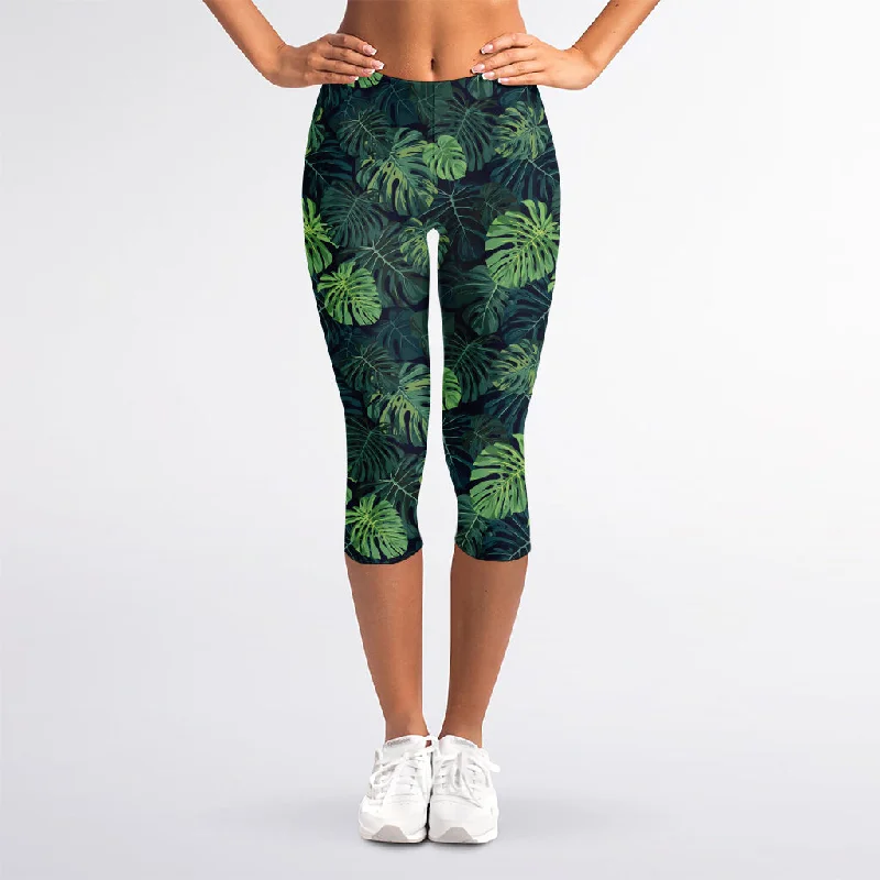 New Arrival Monstera Palm Leaves Pattern Print Women's Capri Leggings