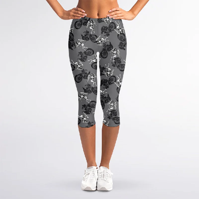 Steals and Deals Motorcycle And Angel Pattern Print Women's Capri Leggings